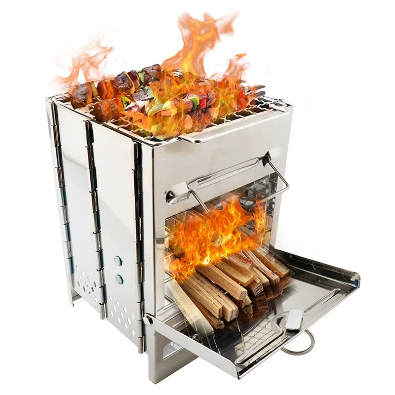 Square Wood Burning Camp Stove Outdoor Survival BBQ Mini Grill BBQ Outdoor Camping BBQ Firewood Folding BBQ Picnic Stove