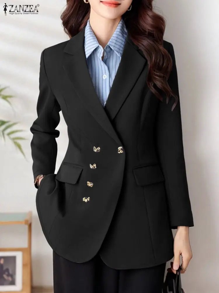 ZANZEA Office Women Blazer Jackets 2026 Autumn Double Breasted Blazer Suits Lapel Neck Long Sleeve Coat Elegant OL Outwear Femme