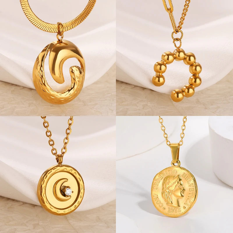 Geometric Cresent Moon Round Necklace for Women Stainless Steel Coin Portrait Pendant Necklace Fashion Wedding Jewelry Gift