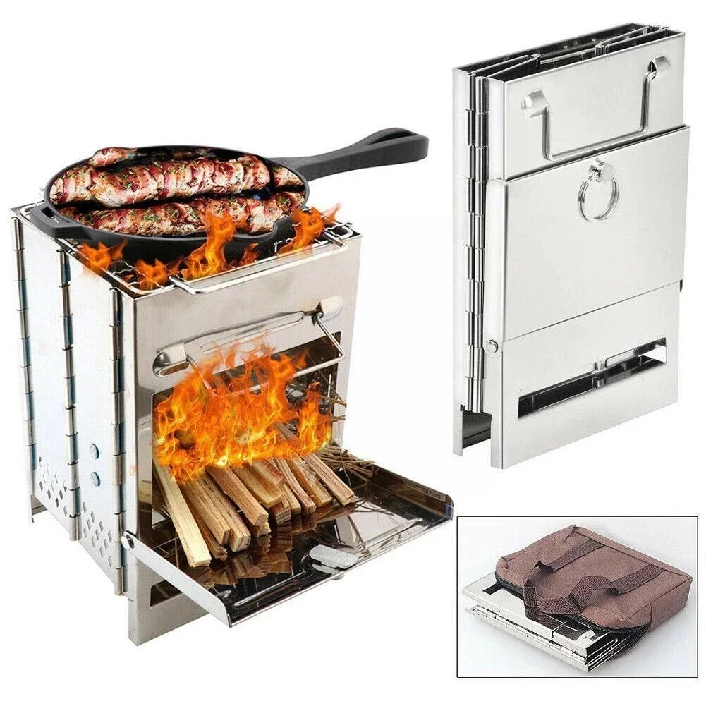 Square Wood Burning Camp Stove Outdoor Survival BBQ Mini Grill BBQ Outdoor Camping BBQ Firewood Folding BBQ Picnic Stove